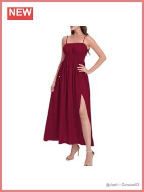 Womens 100% Rayon Smocked Spaghetti Strap Maxi Dress Side Split Beach Boho